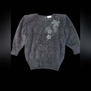 Rosa Vintage Elegant Black Angora Floral Embelished Sweater Size Approx Large